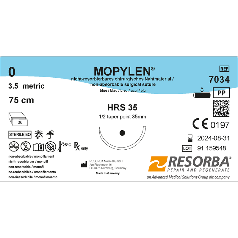 Мопілен USP0 синій, довжина 75см, колюча голка 35мм, збільшений діаметр, 1/2кола
